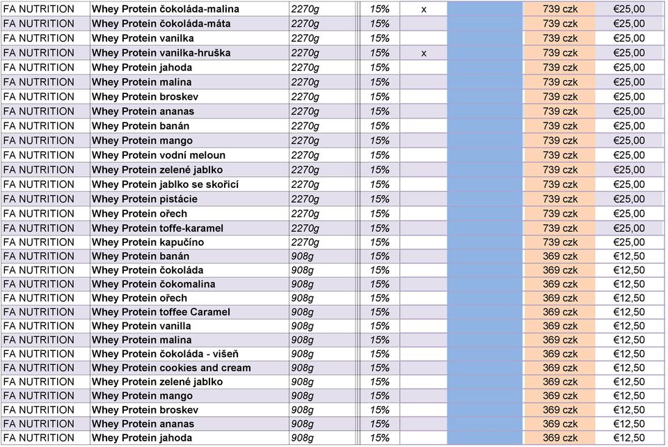 Protein broskev 2270g 15% 739 czk 25,00 FA NUTRITION Whey Protein ananas 2270g 15% 739 czk 25,00 FA NUTRITION Whey Protein banán 2270g 15% 739 czk 25,00 FA NUTRITION Whey Protein mango 2270g 15% 739