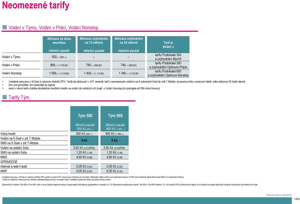 300 a zvýhodnění Mých5 tarifu Podnikatel 300 a zvýhodnění Optimum Práce tarifu Podnikatel 600 a zvýhodnění Optimum Nonstop Uvedené ceny jsou v Kč bez (v závorce včetně) DPH.