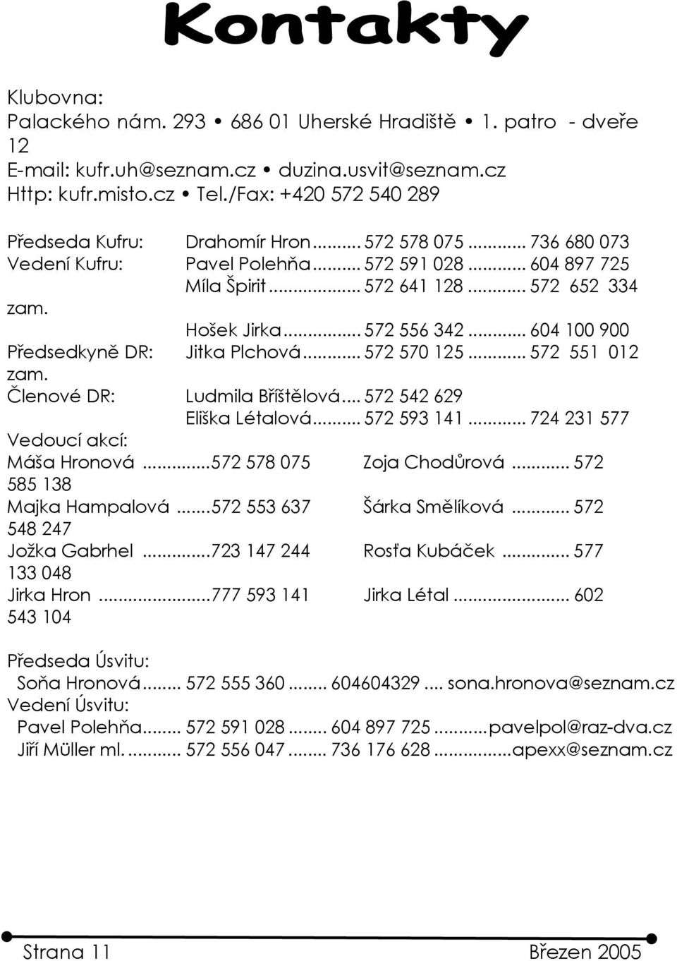 .. 604 100 900 Předsedkyně DR: Jitka Plchová... 572 570 125... 572 551 012 zam. Členové DR: Ludmila Bříštělová... 572 542 629 Eliška Létalová... 572 593 141... 724 231 577 Vedoucí akcí: Máša Hronová.