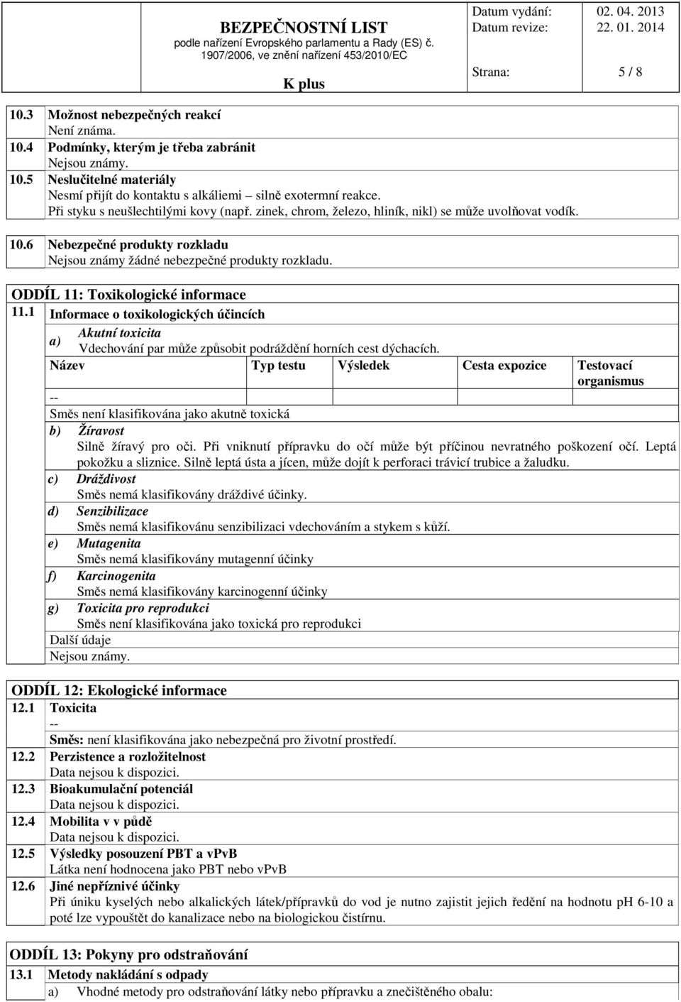 ODDÍL 11: Toxikologické informace 11.1 Informace o toxikologických účincích a) Akutní toxicita Vdechování par může způsobit podráždění horních cest dýchacích.