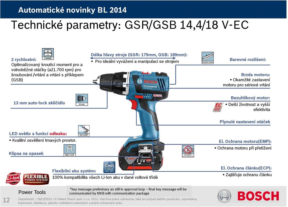 zastavení motoru pro sériové vrtání 13 mm auto-lock sklíčidlo Bezuhlíkový motor: Delší životnost a vyšší efektivita Plynulé nastavení otáček LED světlo s funkcí odlesku: Kvalitní osvětlení tmavých