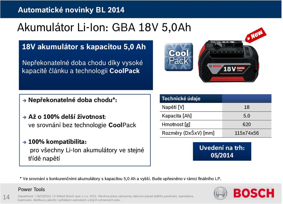 Li-Ion akumulátory ve stejné třídě napětí Technické údaje Napětí [V] 18 Kapacita [Ah] 5.