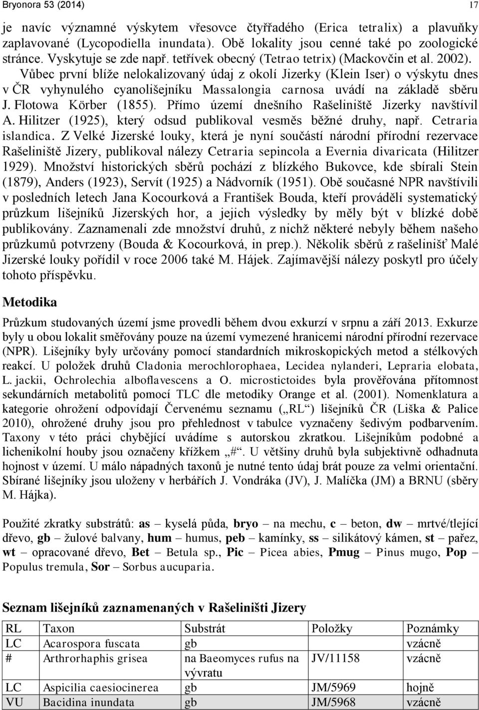 Vůbec první blíže nelokalizovaný údaj z okolí Jizerky (Klein Iser) o výskytu dnes v ČR vyhynulého cyanolišejníku Massalongia carnosa uvádí na základě sběru J. Flotowa Körber (1855).