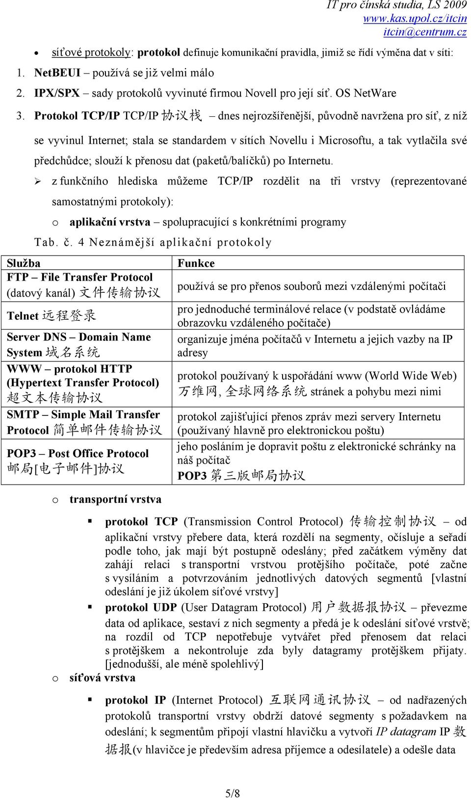 Protokol TCP/IP TCP/IP 协 议 栈 dnes nejrozšířenější, původně navržena pro síť, z níž se vyvinul Internet; stala se standardem v sítích Novellu i Microsoftu, a tak vytlačila své předchůdce; slouží k