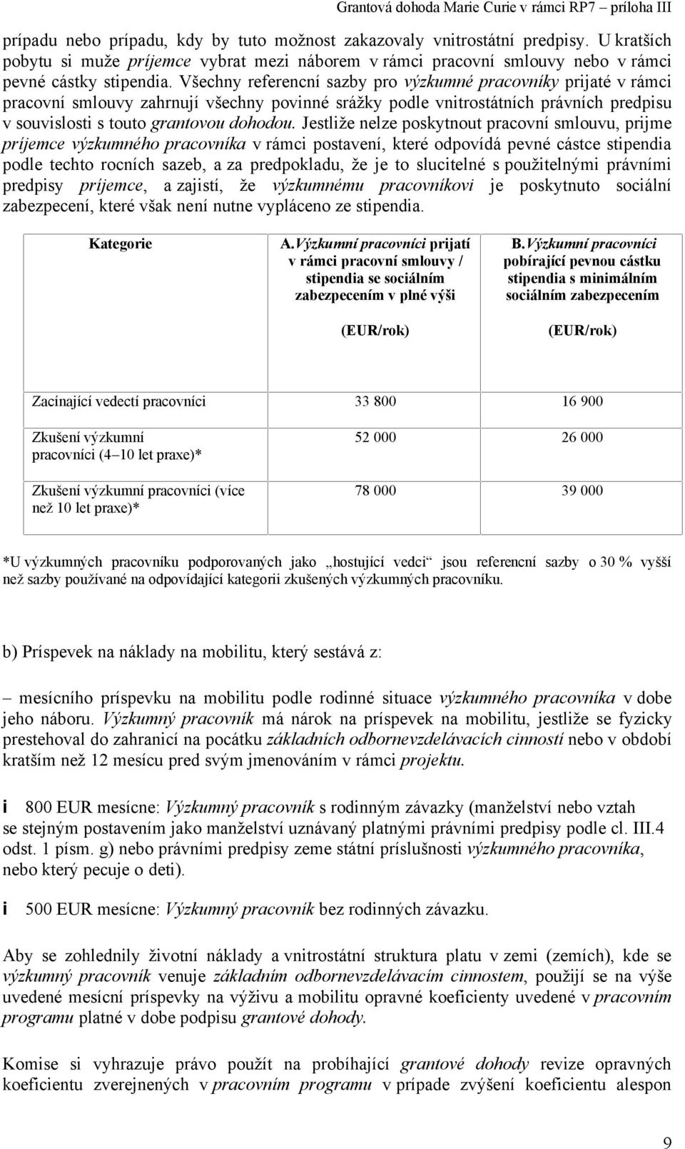 Jestliže nelze poskytnout pracovní smlouvu, prijme príjemce výzkumného pracovníka v rámci postavení, které odpovídá pevné cástce stipendia podle techto rocních sazeb, a za predpokladu, že je to