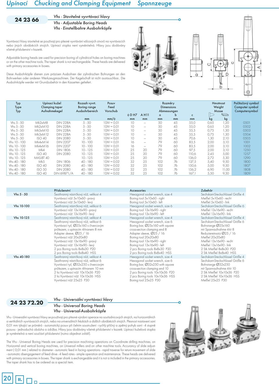 Adjustable boring heads are used for precision boring of cylindrical holes on boring machines or on the other machine tools. The taper shank is not exchangeable.