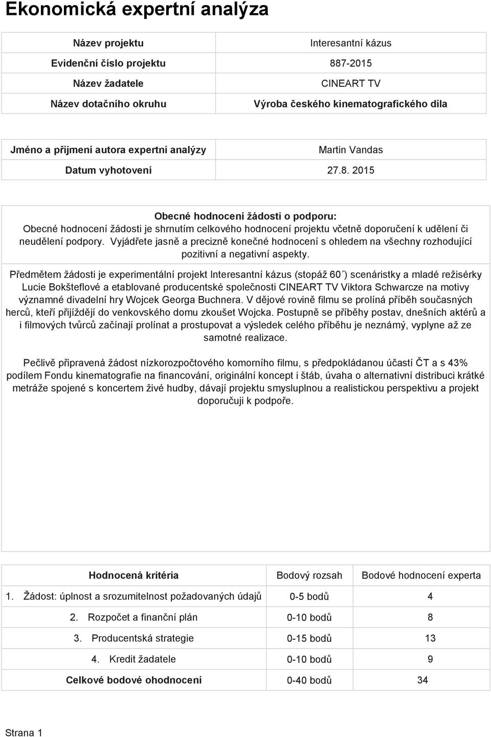 2015 Předmětem žádosti je experimentální projekt Interesantní kázus (stopáž 60 ) scenáristky a mladé režisérky Lucie Bokšteflové a etablované producentské společnosti CINEART TV Viktora Schwarcze na