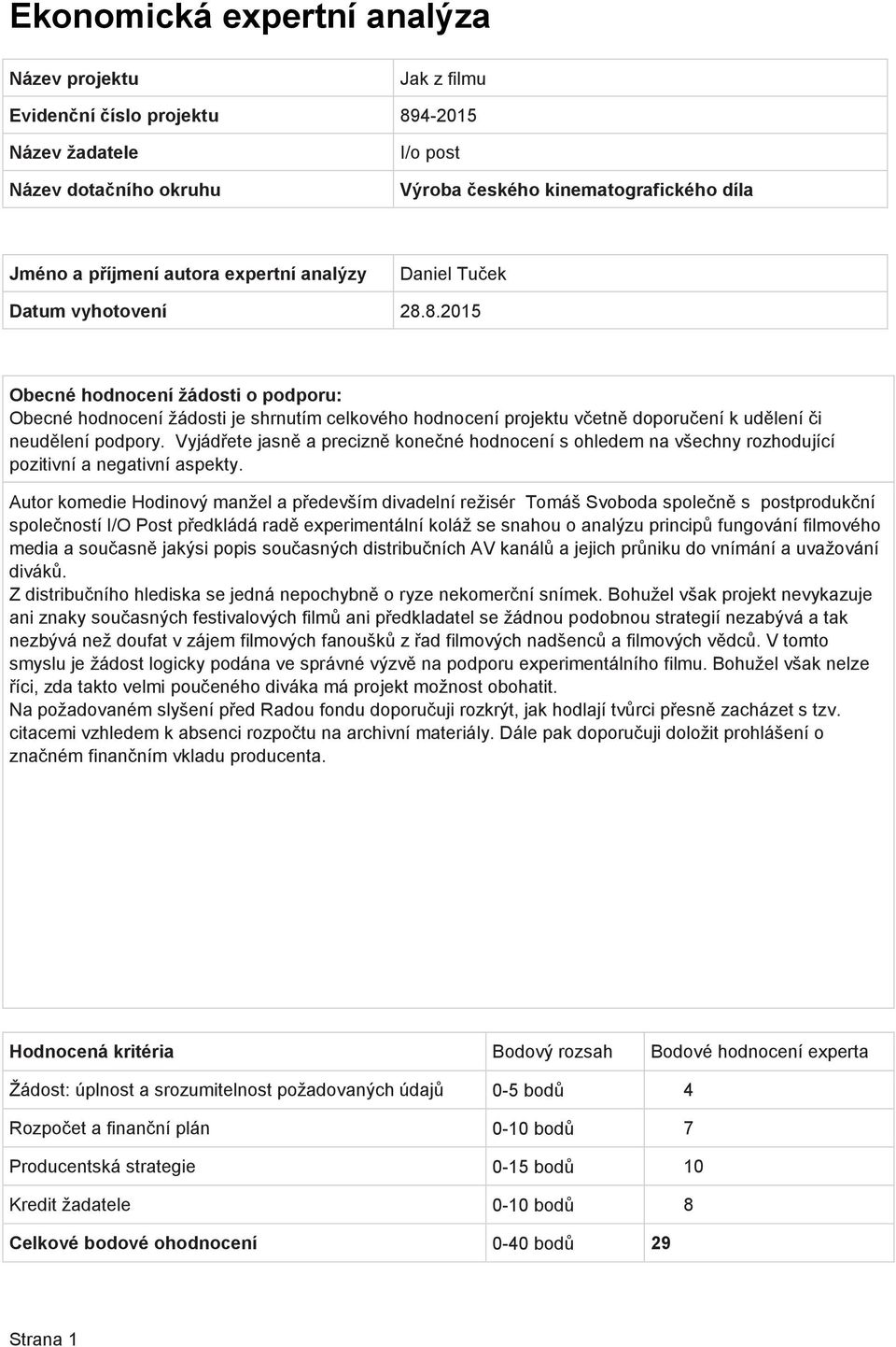 8.2015 Autor komedie Hodinový manžel a především divadelní režisér Tomáš Svoboda společně s postprodukční společností I/O Post předkládá radě experimentální koláž se snahou o analýzu principů