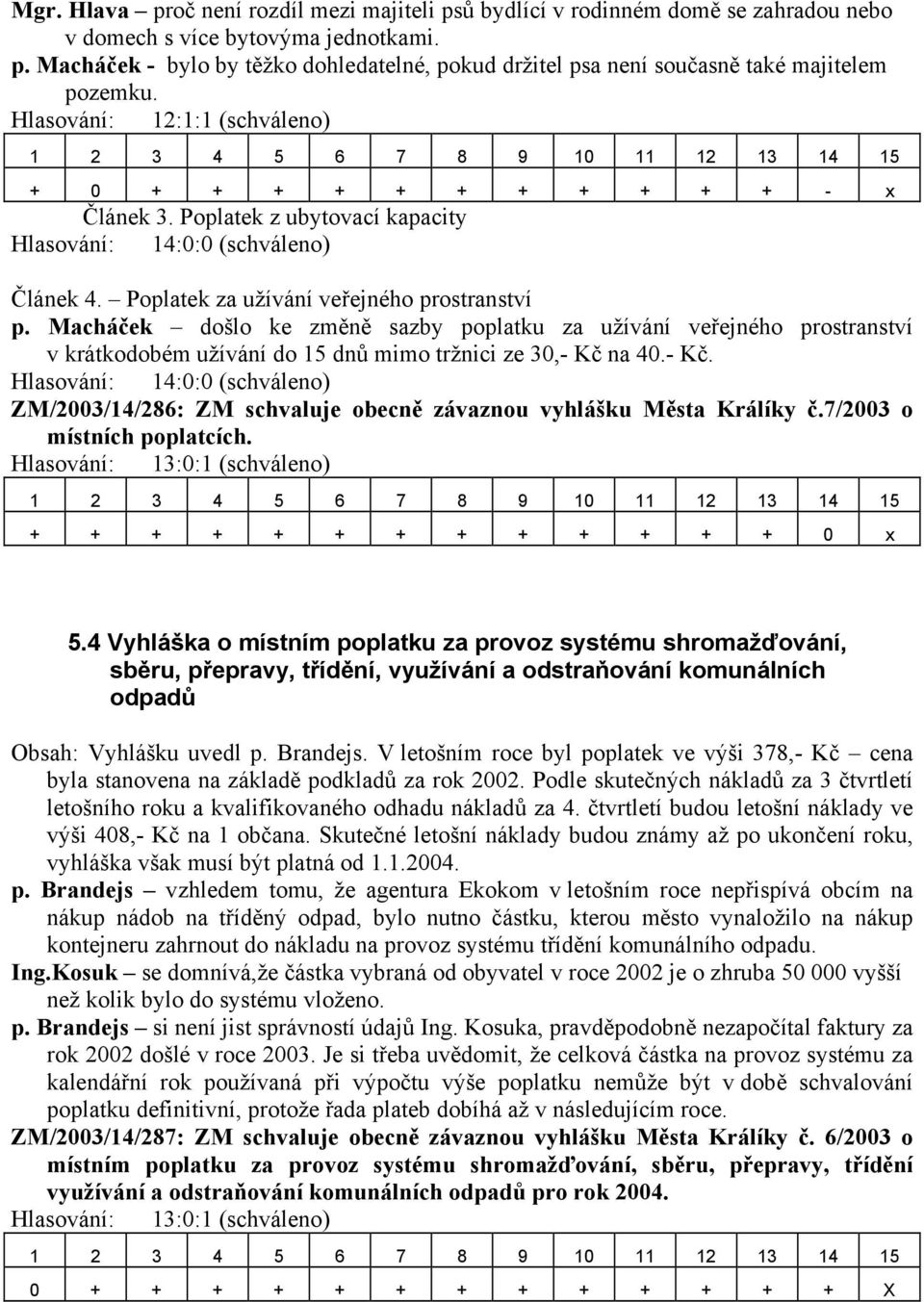 Macháček došlo ke změně sazby poplatku za užívání veřejného prostranství v krátkodobém užívání do 15 dnů mimo tržnici ze 30,- Kč na 40.- Kč. ZM/2003/14/286: ZM schvaluje obecně závaznou vyhlášku Města Králíky č.