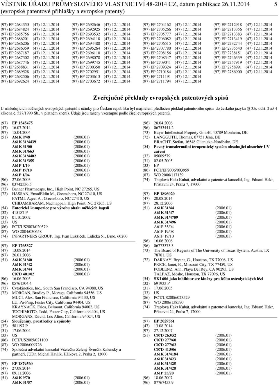 11.2014 (97) EP 2689528 (47) 12.11.2014 (97) EP 2692506 (47) 12.11.2014 (97) EP 2692624 (47) 12.11.2014 (97) EP 2692646 (47) 12.11.2014 (97) EP 2692925 (47) 12.11.2014 (97) EP 2693532 (47) 12.11.2014 (97) EP 2694118 (47) 12.
