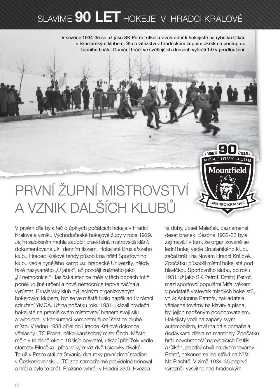 PRVNÍ ŽUPNÍ MISTROVSTVÍ A VZNIK DALŠÍCH KLUBŮ V prvém díle byla řeč o úplných počátcích hokeje v Hradci Králové a vzniku Východočeské hokejové župy v roce 1929.