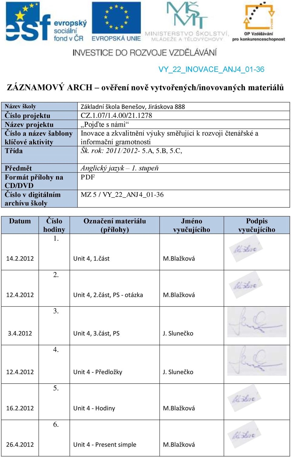 C, Předmět Formát přílohy na CD/DVD Číslo v digitálním archívu školy Anglický jazyk 1. stupeň PDF MZ 5 / VY_22_ANJ4_01-36 Datum Číslo hodiny 1.