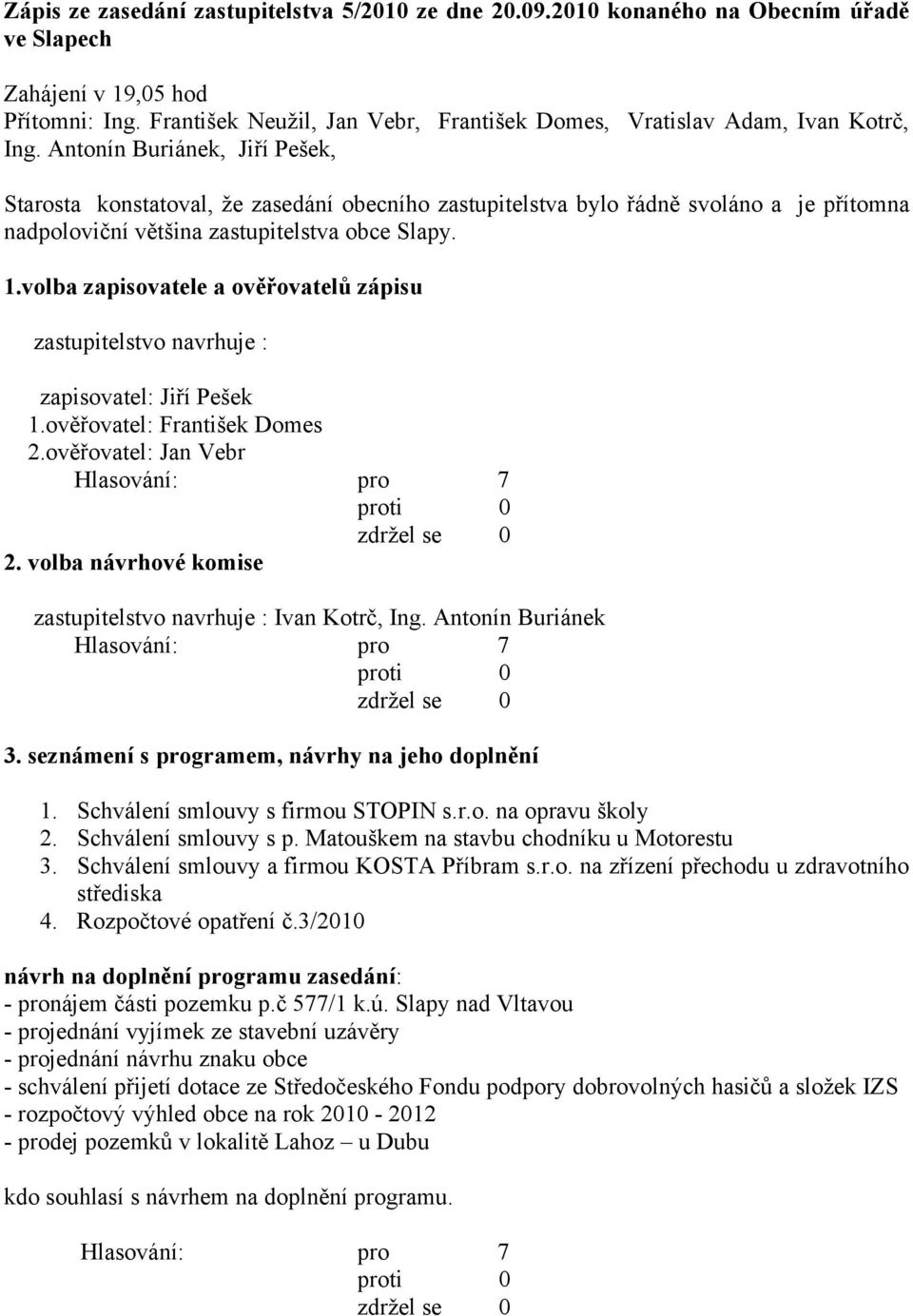 Antonín Buriánek, Jiří Pešek, Starosta konstatoval, že zasedání obecního zastupitelstva bylo řádně svoláno a je přítomna nadpoloviční většina zastupitelstva obce Slapy. 1.