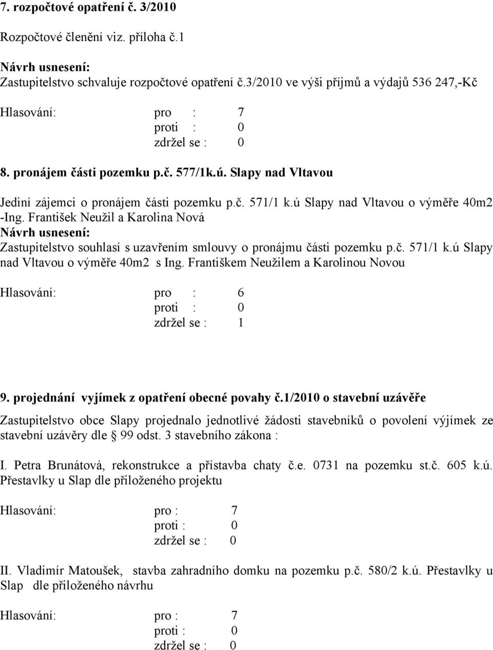 František Neužil a Karolina Nová Zastupitelstvo souhlasí s uzavřením smlouvy o pronájmu části pozemku p.č. 571/1 k.ú Slapy nad Vltavou o výměře 40m2 s Ing.