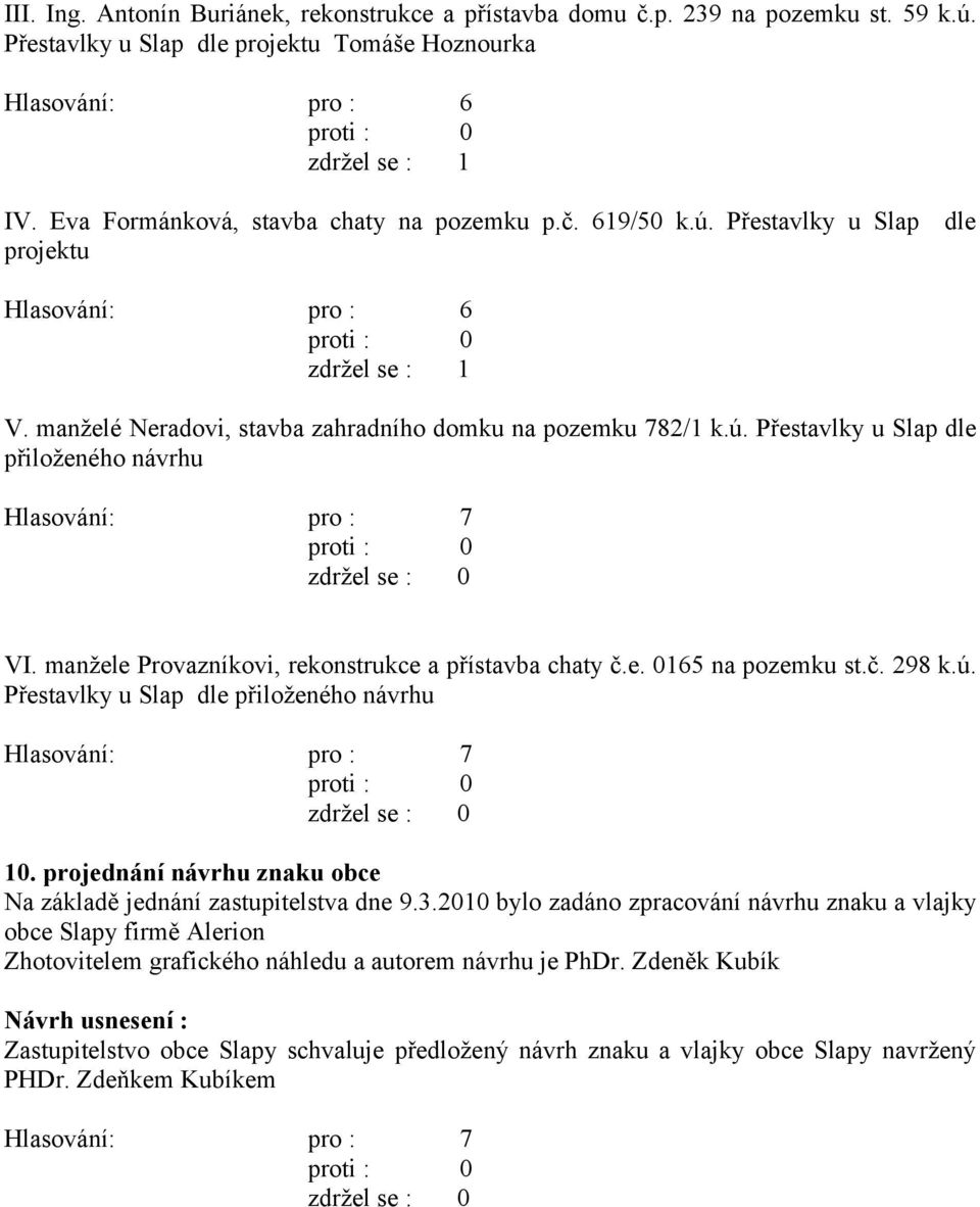 manžele Provazníkovi, rekonstrukce a přístavba chaty č.e. 0165 na pozemku st.č. 298 k.ú. Přestavlky u Slap dle přiloženého návrhu 10.