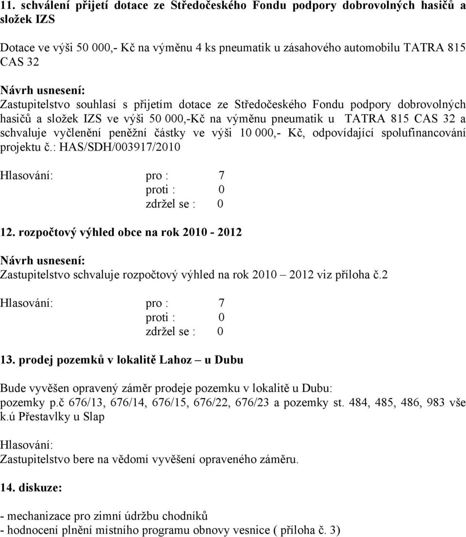 částky ve výši 10 000,- Kč, odpovídající spolufinancování projektu č.: HAS/SDH/003917/2010 12.