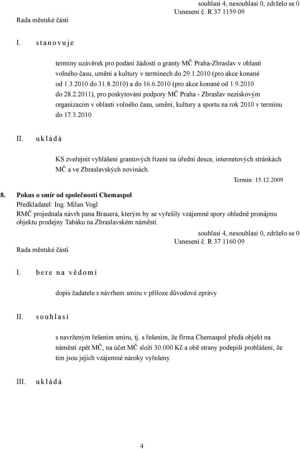 3.2010 KS zveřejnit vyhlášení grantových řízení na úřední desce, internetových stránkách MČ a ve Zbraslavských novinách. Termín: 15.12.2009 8. Pokus o smír od společnosti Chemaspol Předkladatel: Ing.