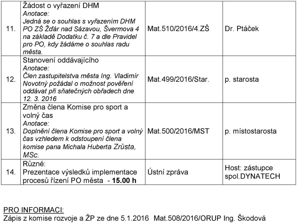 2016 Změna člena Komise pro sport a volný čas Doplnění člena Komise pro sport a volný čas vzhledem k odstoupení člena komise pana Michala Huberta Zrůsta, MSc.