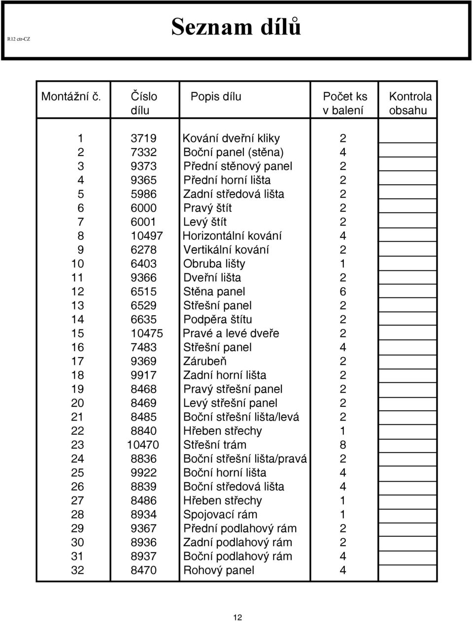 600 Levý štít 8 0497 Horizontální kování 4 9 678 Vertikální kování 0 640 Obruba lišty 966 Dveřní lišta 655 Stěna panel 6 659 Střešní panel 4 665 Podpěra štítu 5 0475 Pravé a levé dveře 6 748 Střešní