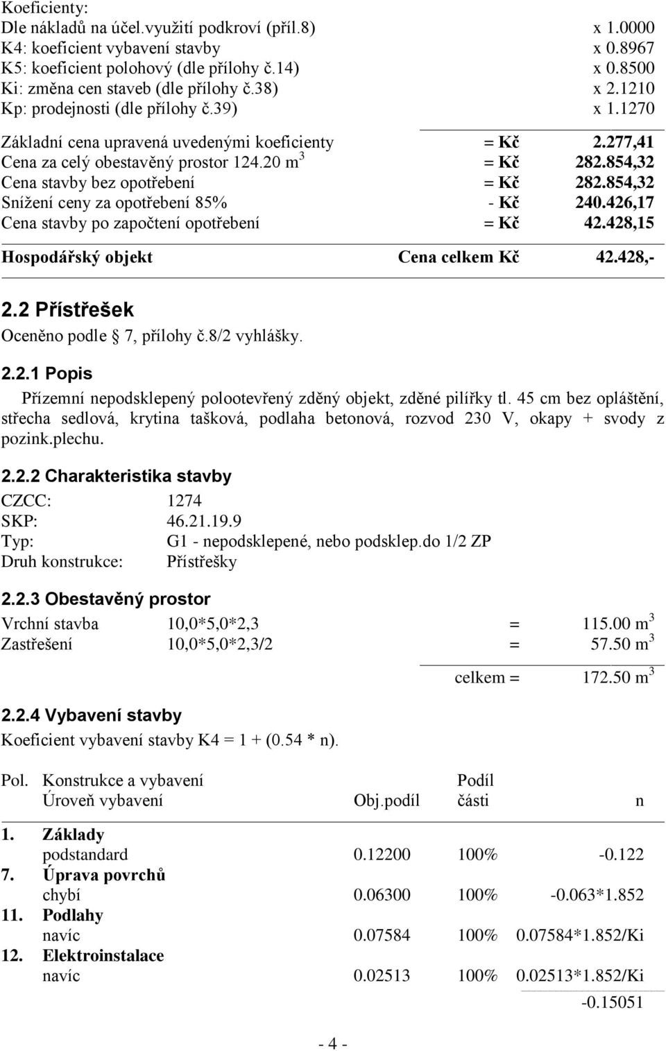 854,32 Cena stavby bez opotřebení = Kč 282.854,32 Snížení ceny za opotřebení 85% - Kč 240.426,17 Cena stavby po započtení opotřebení = Kč 42.428,15 Hospodářský objekt Cena celkem Kč 42.428,- 2.