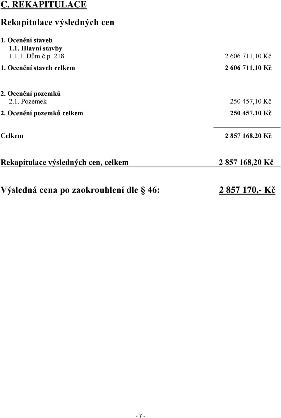 Ocenění pozemků celkem 250 457,10 Kč Celkem 2 857 168,20 Kč Rekapitulace výsledných cen,