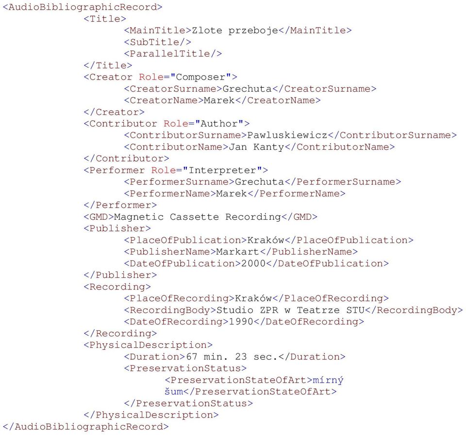 Role="Interpreter"> <PerformerSurname>Grechuta</PerformerSurname> <PerformerName>Marek</PerformerName> </Performer> <GMD>Magnetic Cassette Recording</GMD> <Publisher>