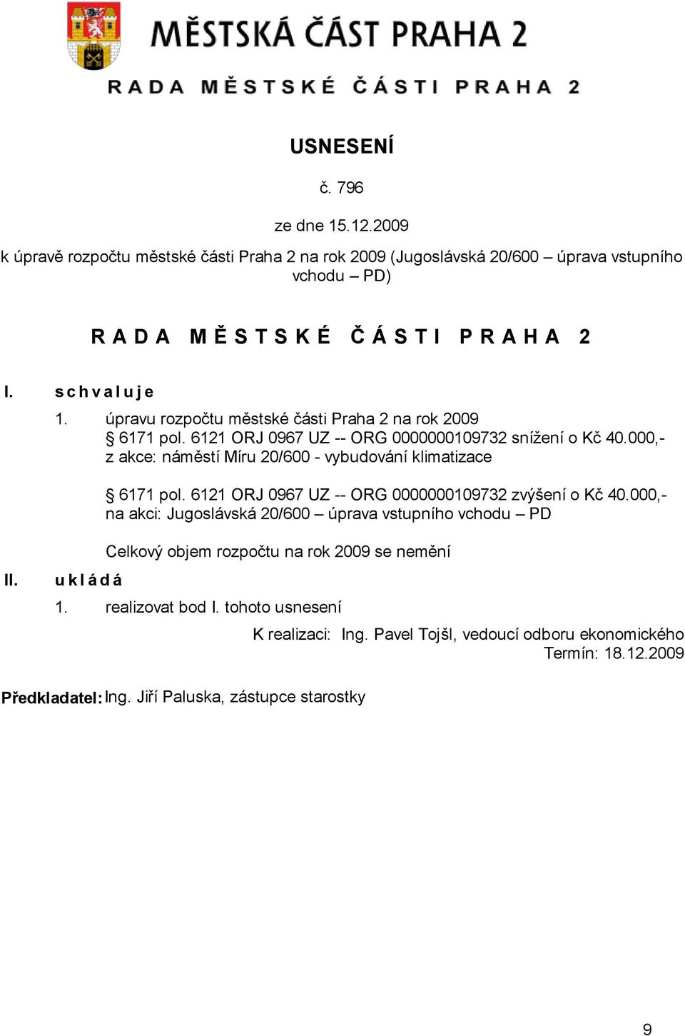 000,- z akce: náměstí Míru 20/600 - vybudování klimatizace 6171 pol. 6121 ORJ 0967 UZ -- ORG 0000000109732 zvýšení o Kč 40.