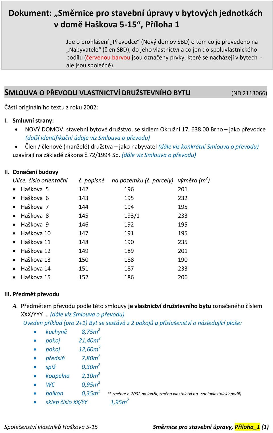 SMLOUVA O PŘEVODU VLASTNICTVÍ DRUŽSTEVNÍHO BYTU (ND 2113066) Části originálního textu z roku 2002: I.