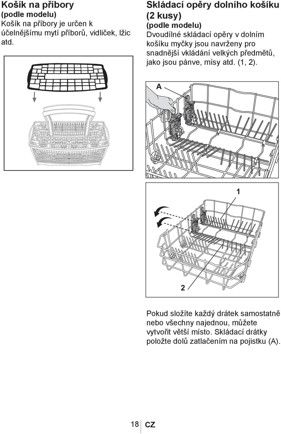 pro snadnější vkládání velkých předmětů, jako jsou pánve, mísy atd. (1, 2).