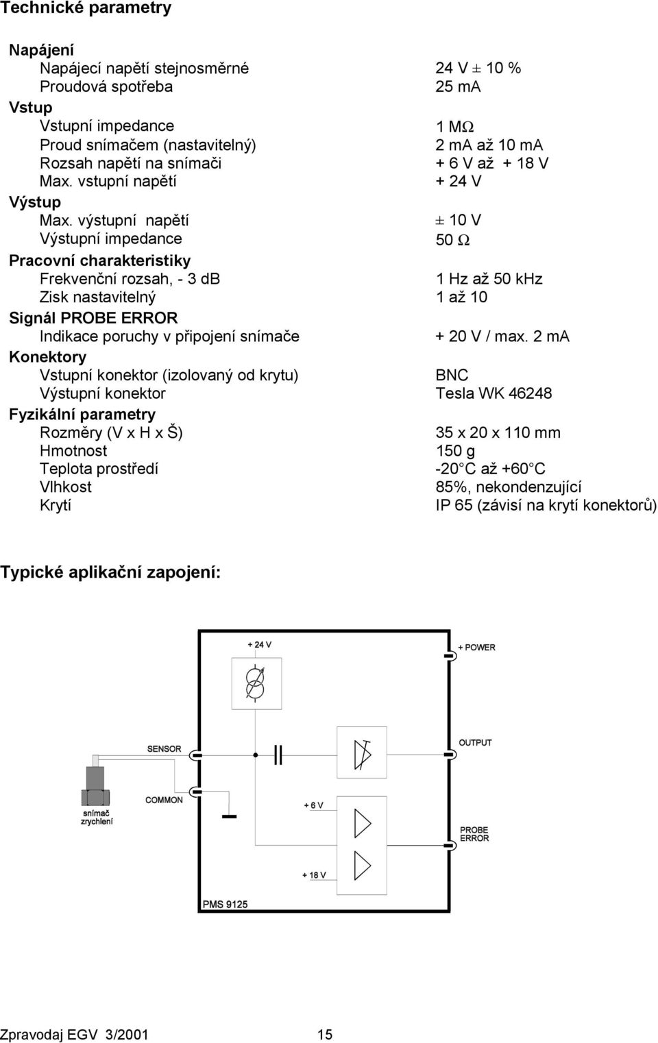 výstupní napětí ± 10 V Výstupní impedance 50 Ω Pracovní charakteristiky Frekvenční rozsah, - 3 db 1 Hz až 50 khz Zisk nastavitelný 1 až 10 Signál PROBE ERROR Indikace poruchy v připojení