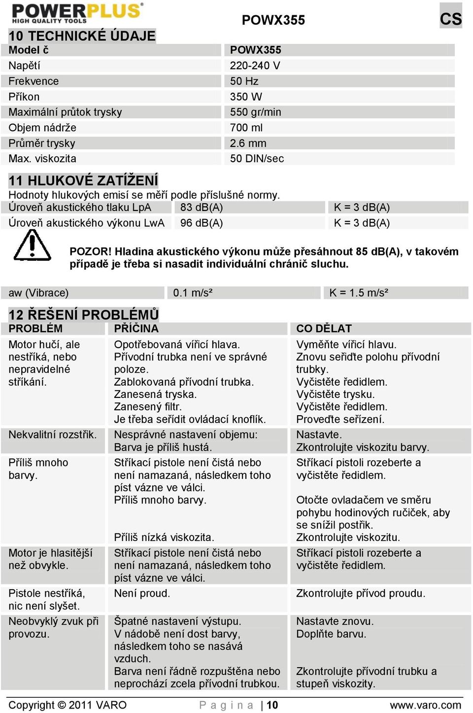 Hladina akustického výkonu můţe přesáhnout 85 db(a), v takovém případě je třeba si nasadit individuální chránič sluchu. aw (Vibrace) 0.1 m/s² K = 1.