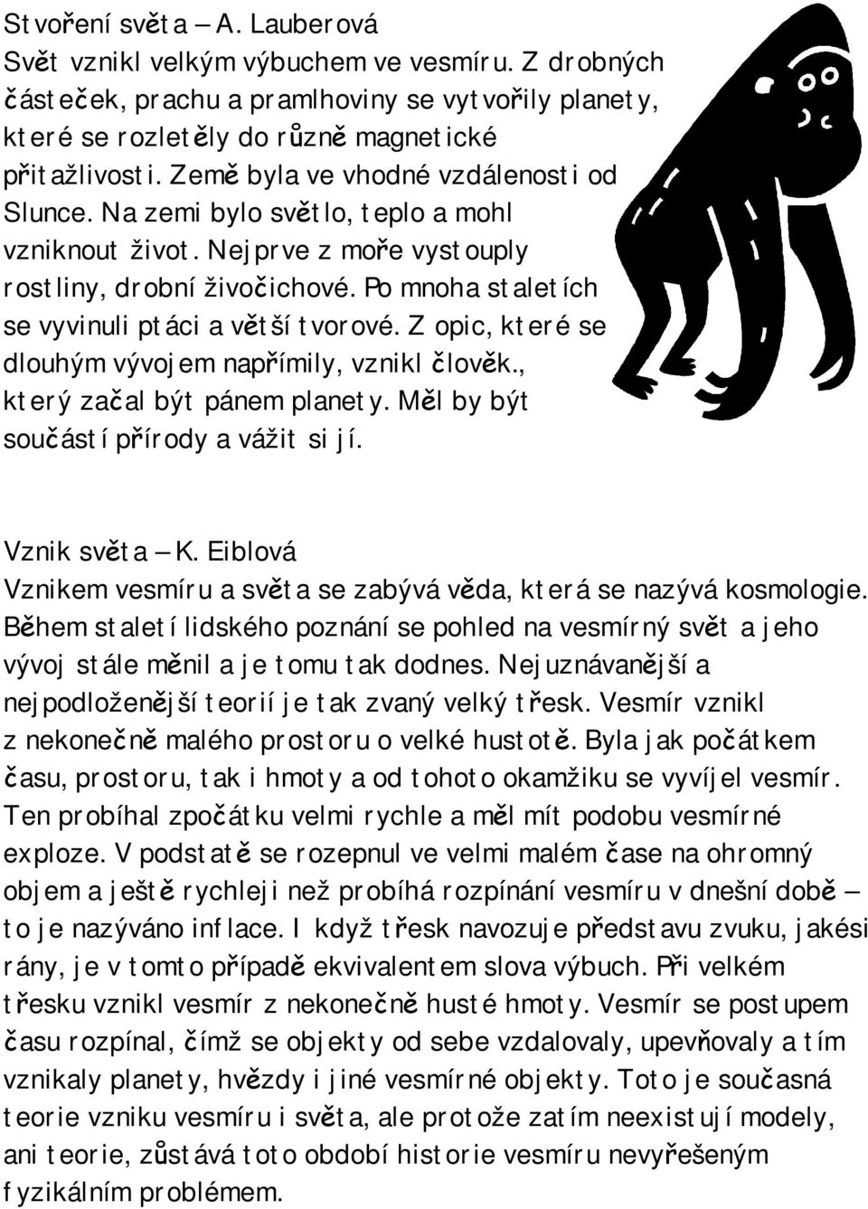 Po mnoha staletích se vyvinuli ptáci a větší tvorové. Z opic, které se dlouhým vývojem napřímily, vznikl člověk., který začal být pánem planety. Měl by být součástí přírody a vážit si jí.