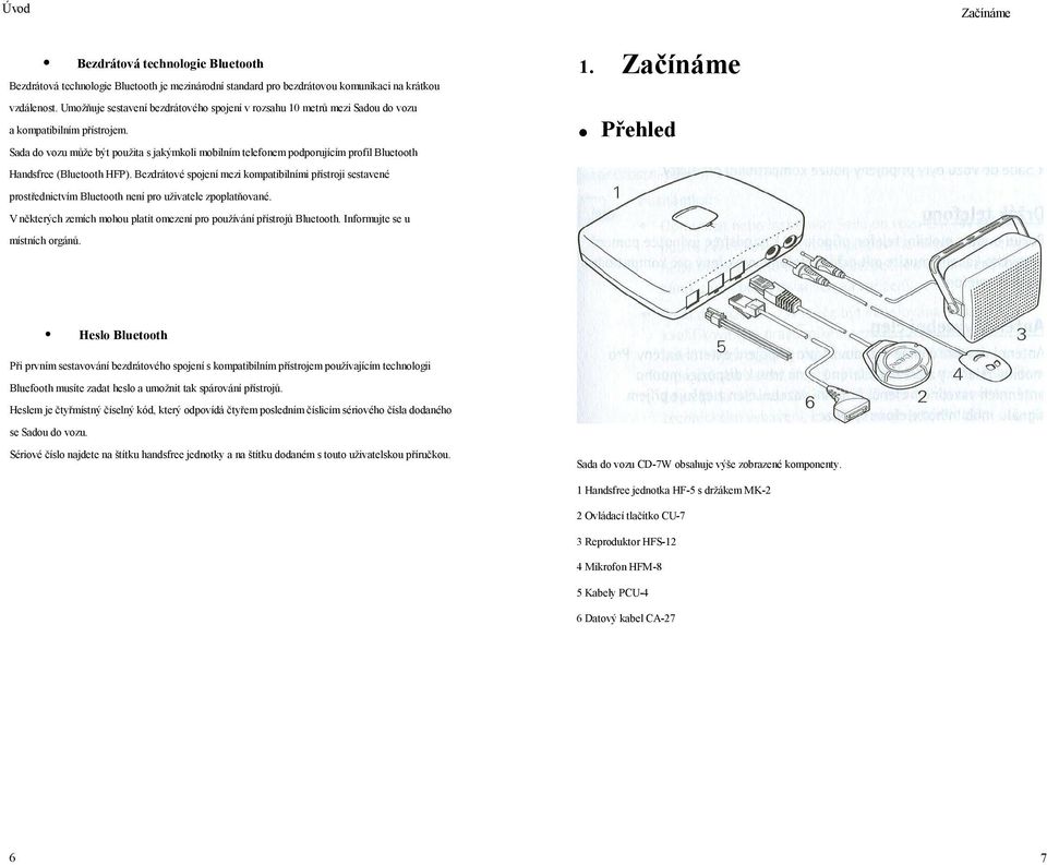 Začínáme. Přehled Handsfree (Bluetooth HFP). Bezdrátové spojení mezi kompatibilními přístroji sestavené prostřednictvím Bluetooth není pro uživatele zpoplatňované.