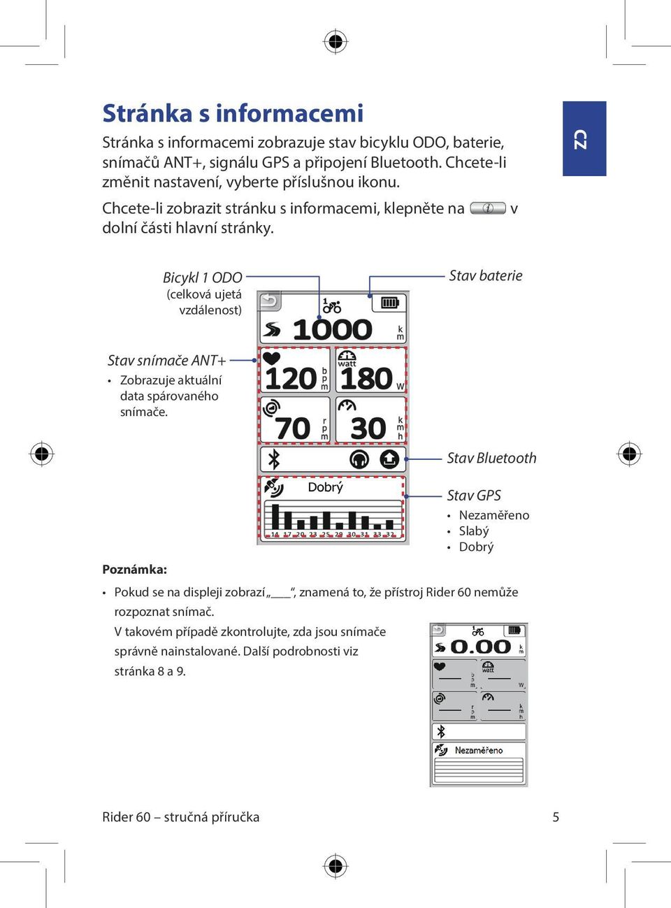 v Bicykl 1 ODO (celková ujetá vzdálenost) Stav baterie Stav snímače ANT+ Zobrazuje aktuální data spárovaného snímače.
