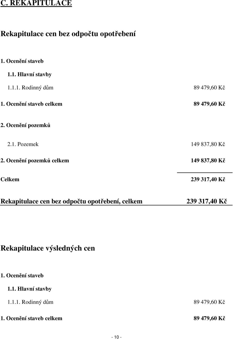 Ocenění pozemků celkem 149 837,80 Kč Celkem 239 317,40 Kč Rekapitulace cen bez odpočtu opotřebení, celkem 239 317,40