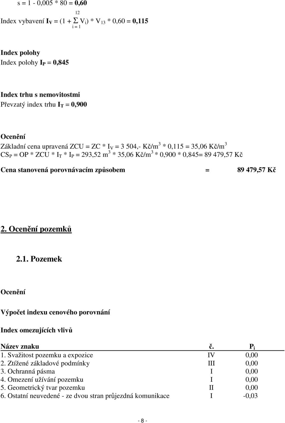 způsobem = 89 479,57 Kč 2. Ocenění pozemků 2.1. Pozemek Ocenění Výpočet indexu cenového porovnání Index omezujících vlivů Název znaku č. P i 1. Svažitost pozemku a expozice IV 0,00 2.