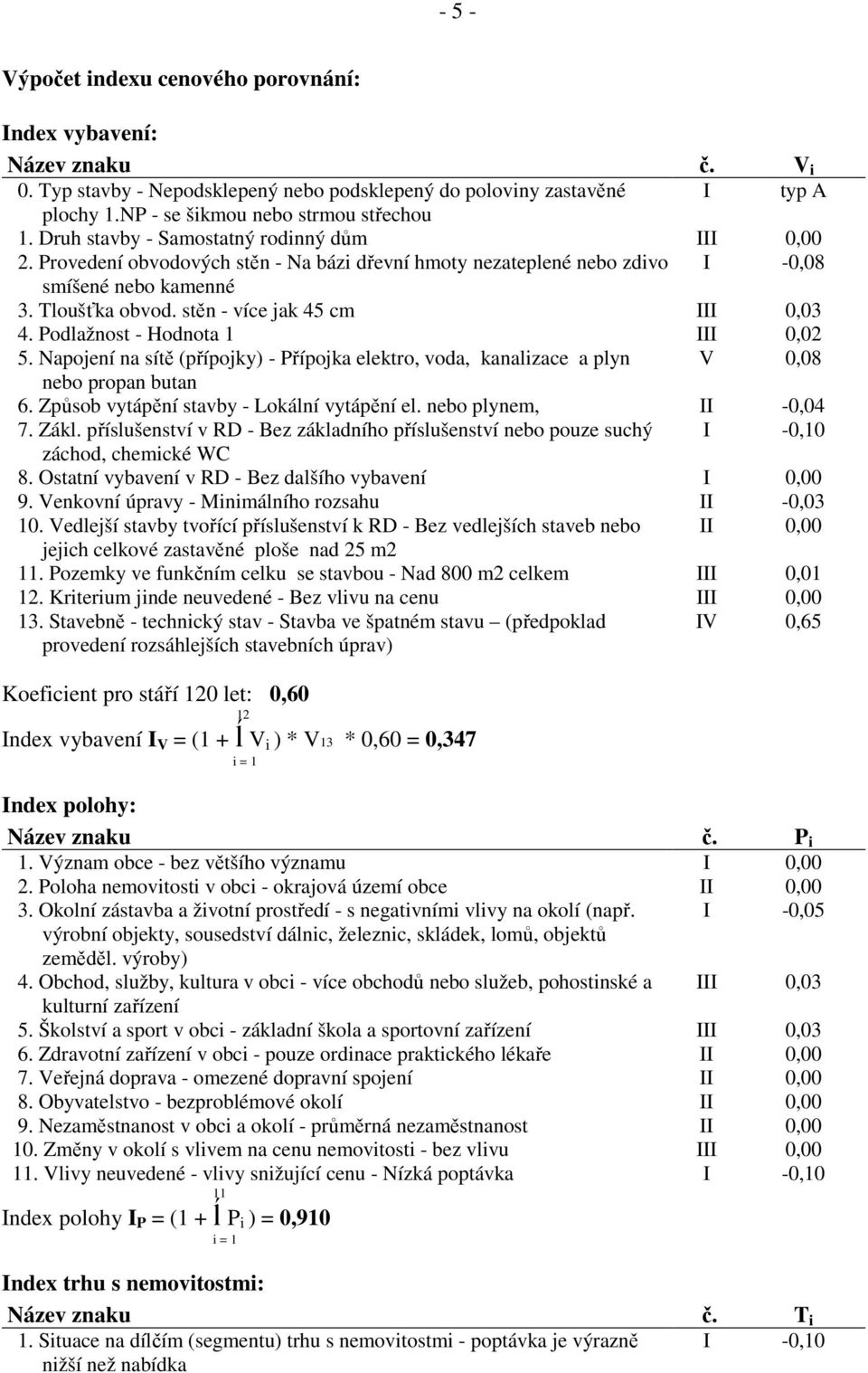 stěn - více jak 45 cm III 0,03 4. Podlažnost - Hodnota 1 III 0,02 5. Napojení na sítě (přípojky) - Přípojka elektro, voda, kanalizace a plyn V 0,08 nebo propan butan 6.