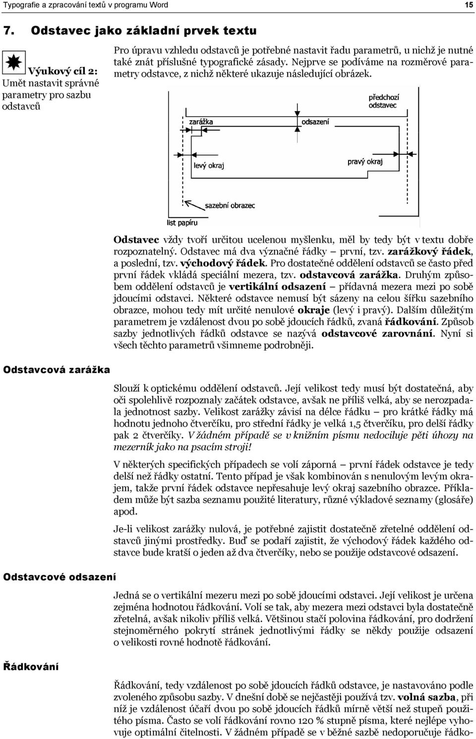 příslušné typografické zásady. Nejprve se podíváme na rozměrové parametry odstavce, z nichž některé ukazuje následující obrázek.