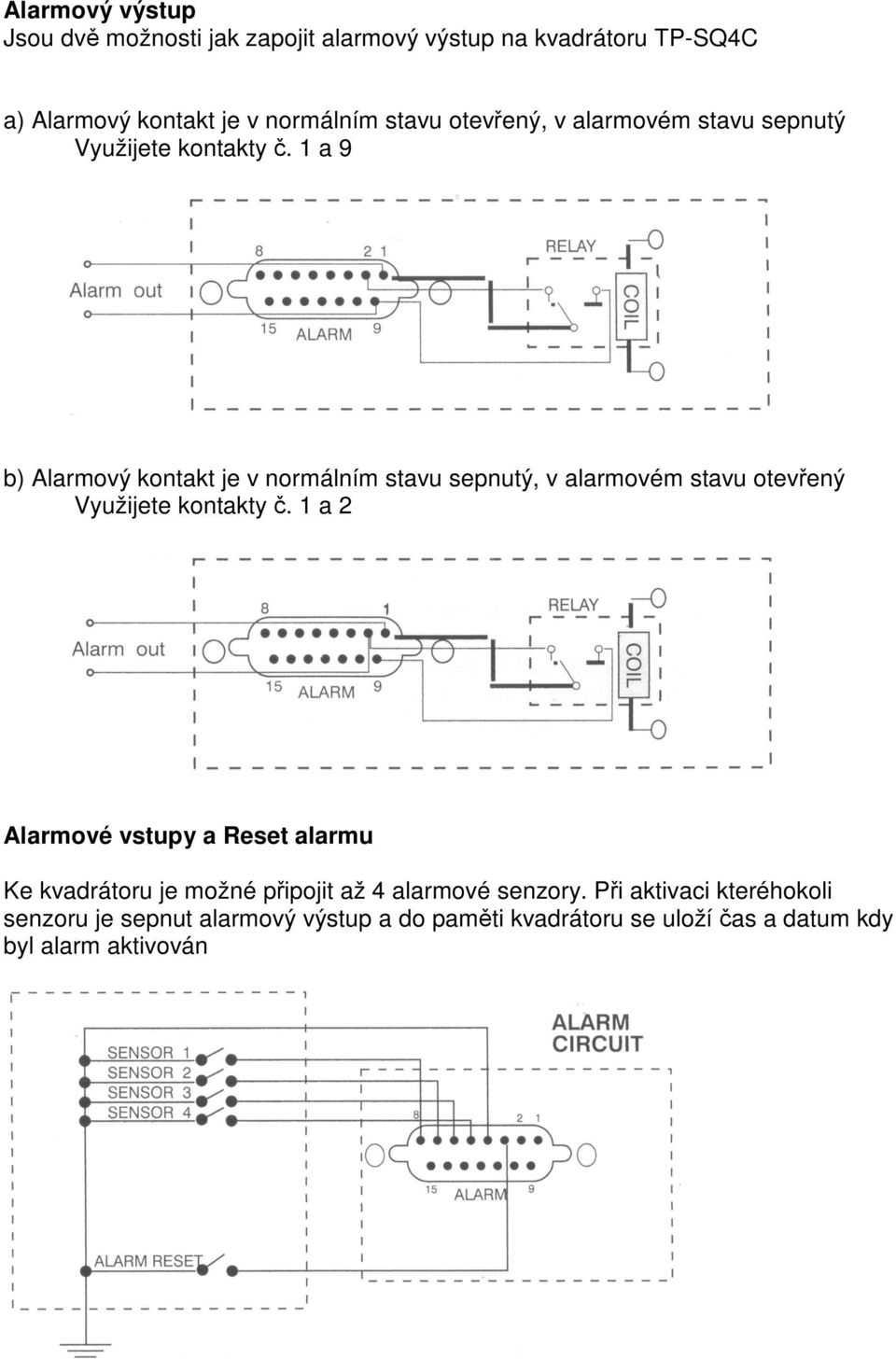 1 a 9 b) Alarmový kontakt je v normálním stavu sepnutý, v alarmovém stavu otevený Využijete kontakty.