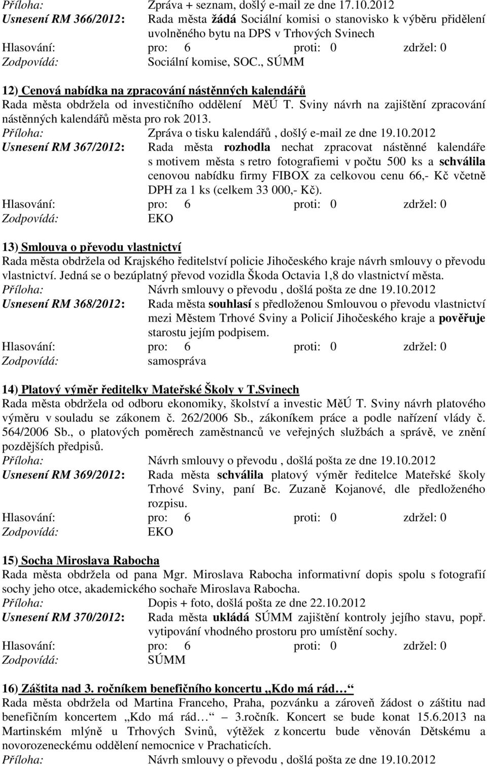 , 12) Cenová nabídka na zpracování nástěnných kalendářů Rada města obdržela od investičního oddělení MěÚ T. Sviny návrh na zajištění zpracování nástěnných kalendářů města pro rok 2013.