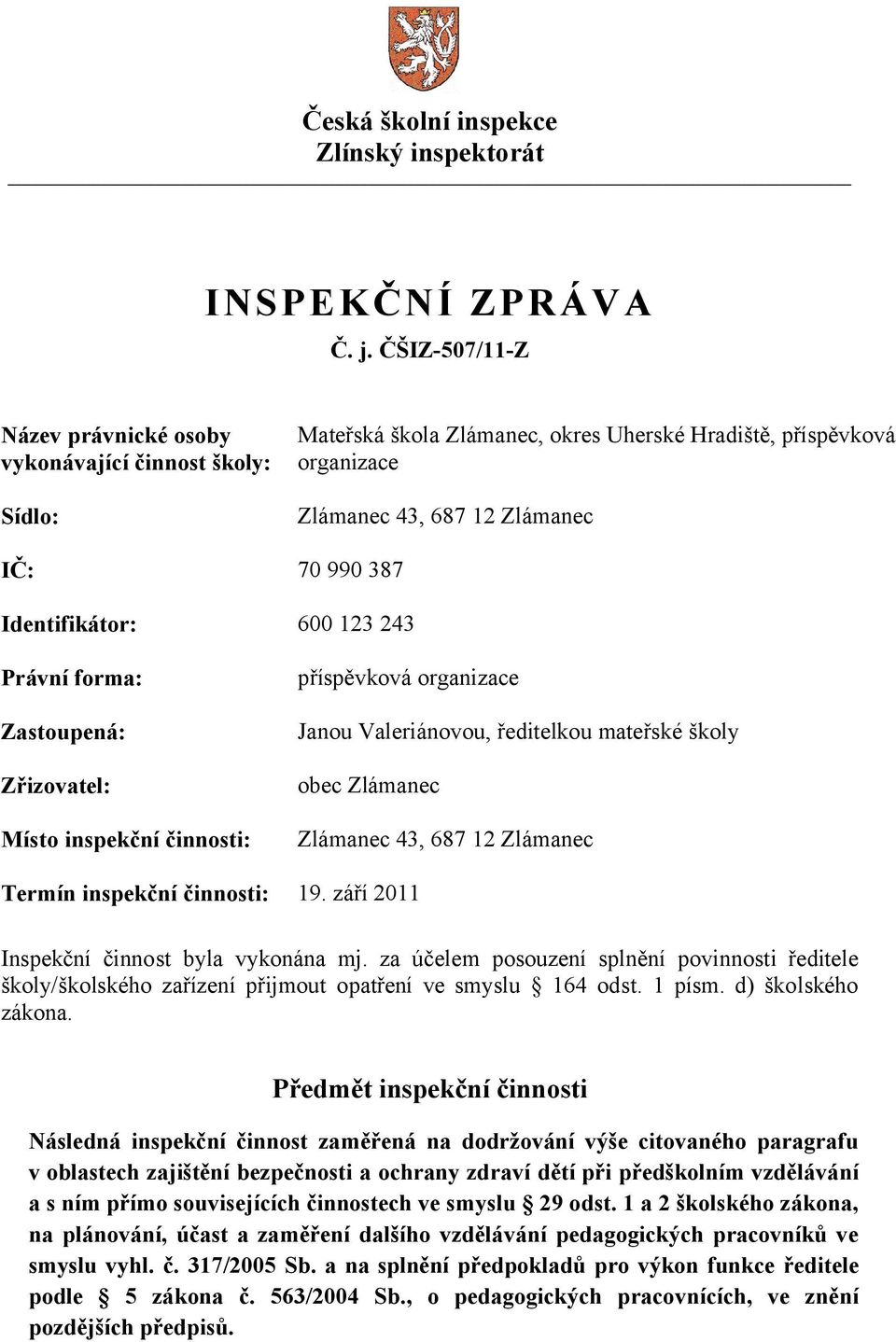 Identifikátor: 600 123 243 Právní forma: Zastoupená: Zřizovatel: Místo inspekční činnosti: příspěvková organizace Janou Valeriánovou, ředitelkou mateřské školy obec Zlámanec Zlámanec 43, 687 12