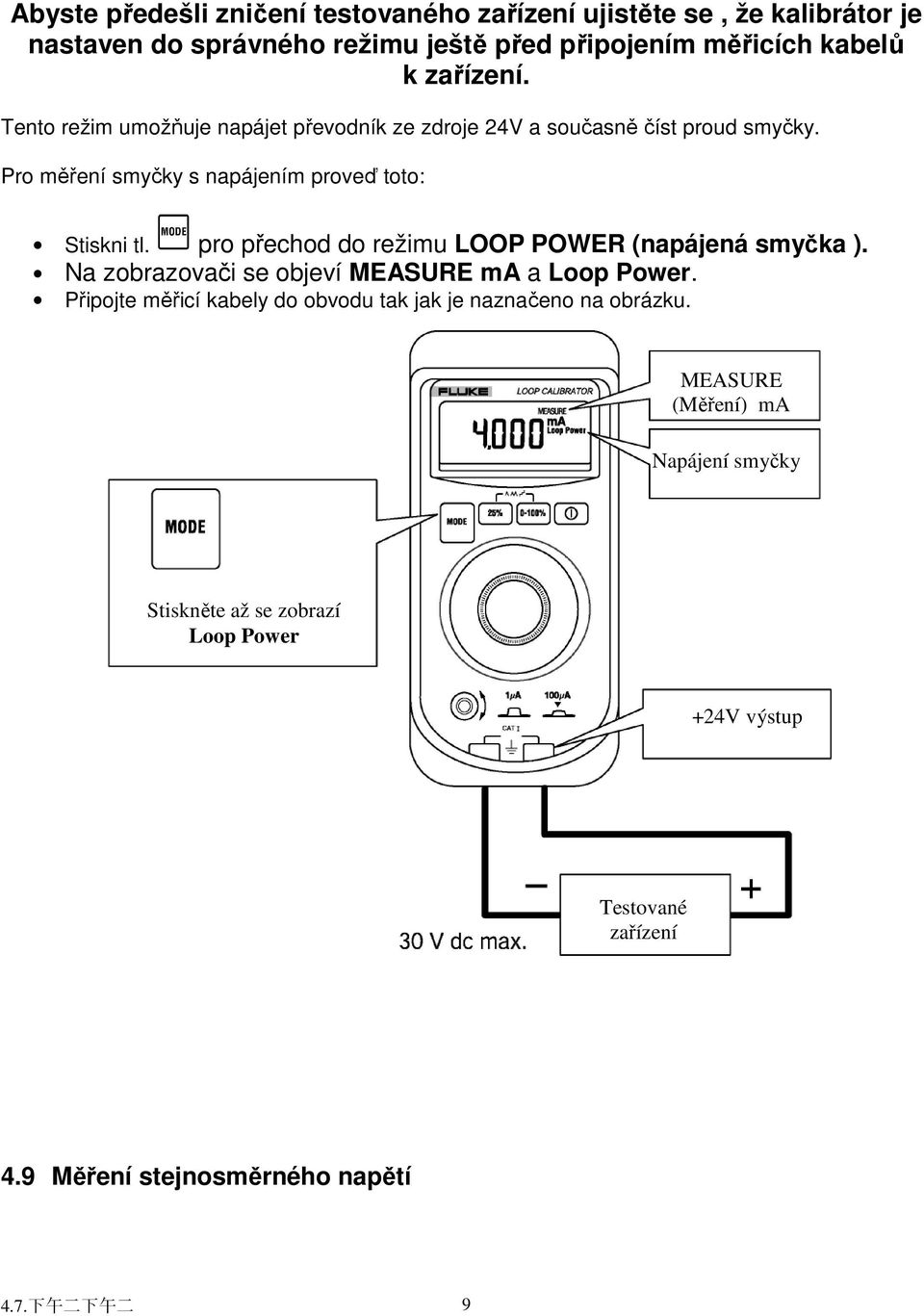 pro přechod do režimu LOOP POWER (napájená smyčka ). Na zobrazovači se objeví MEASURE ma a Loop Power.