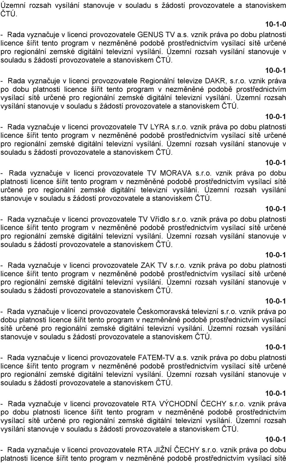 Územní rozsah vysílání stanovuje v - Rada vyznačuje v licenci provozovatele TV LYRA s.r.o. vznik práva po dobu platnosti - Rada vyznačuje v licenci provozovatele TV MORAVA s.