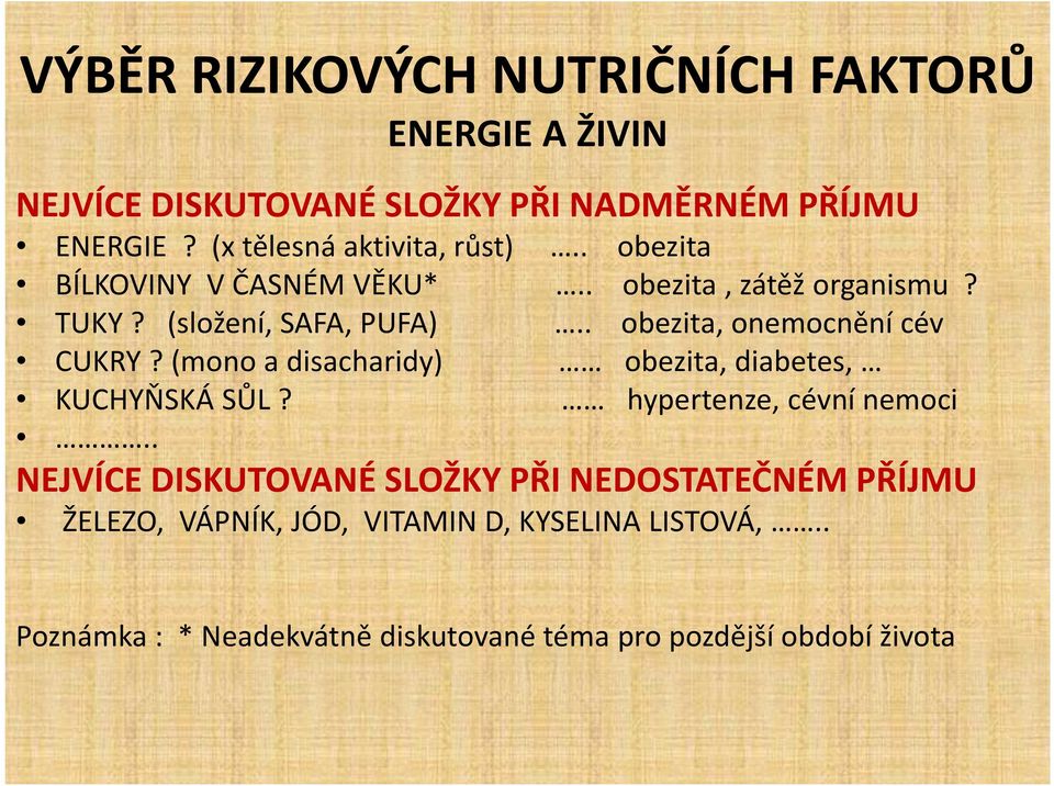 . obezita, onemocnění cév CUKRY? (mono a disacharidy) obezita, diabetes, KUCHYŇSKÁ SŮL? hypertenze, cévní nemoci.