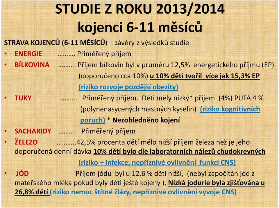 Děti měly nízký* příjem (4%) PUFA 4 % (polynenasycených mastných kyselin) (riziko kognitivních poruch) * Nezohledněno kojení SACHARIDY.. Přiměřený příjem ŽELEZO.