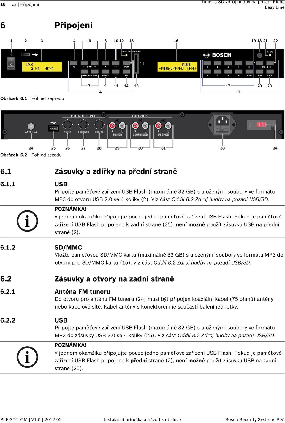 Pokud je paměťové zařízení USB Flash připojeno k zadní straně (25), není možné použít zásuvku USB na přední straně (2). 6.1.
