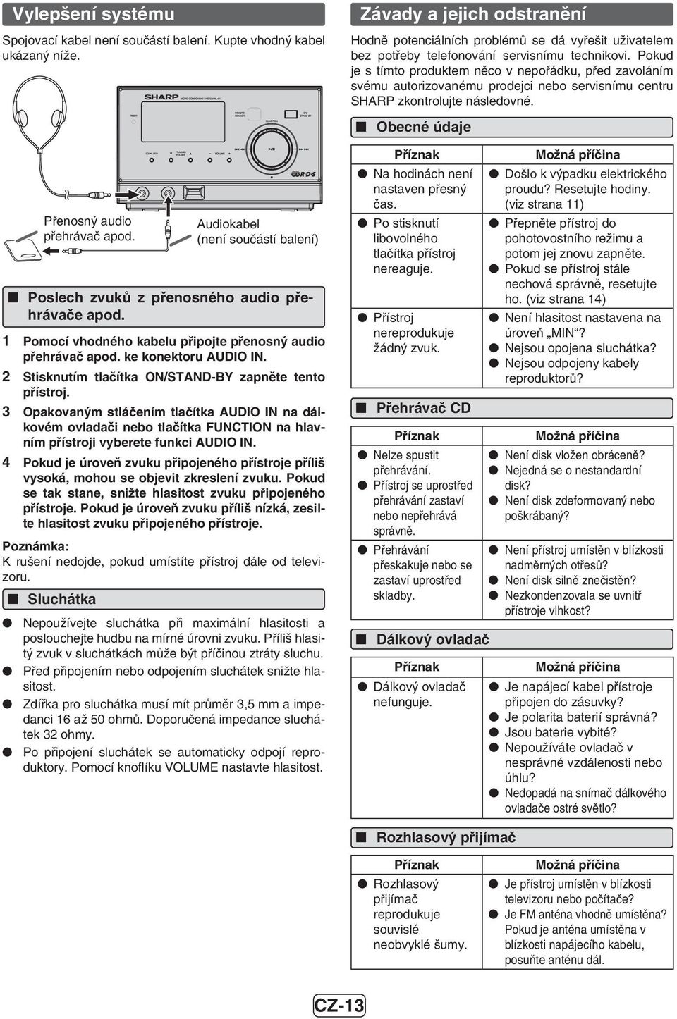 Pokud je s tímto produktem něco v nepořádku, před zavoláním svému autorizovanému prodejci nebo servisnímu centru SHARP zkontrolujte následovné. Obecné údaje Přenosný audio přehrávač apod.