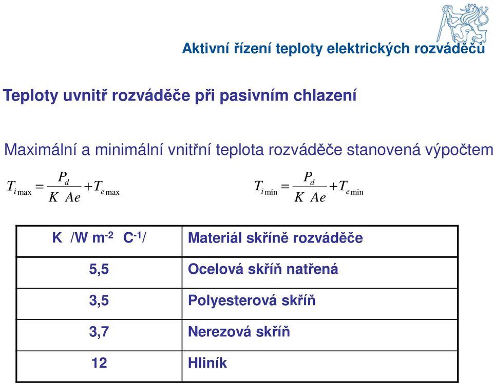 P T = + T K Ae d i min emin K /W m -2 C -1 / Materiál skříně rozváděče