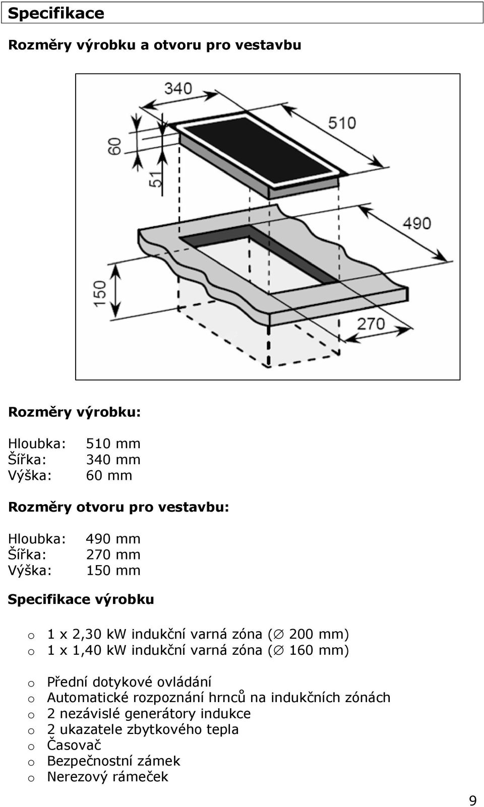 200 mm) o 1 x 1,40 kw indukční varná zóna ( 160 mm) o Přední dotykové ovládání o Automatické rozpoznání hrnců na