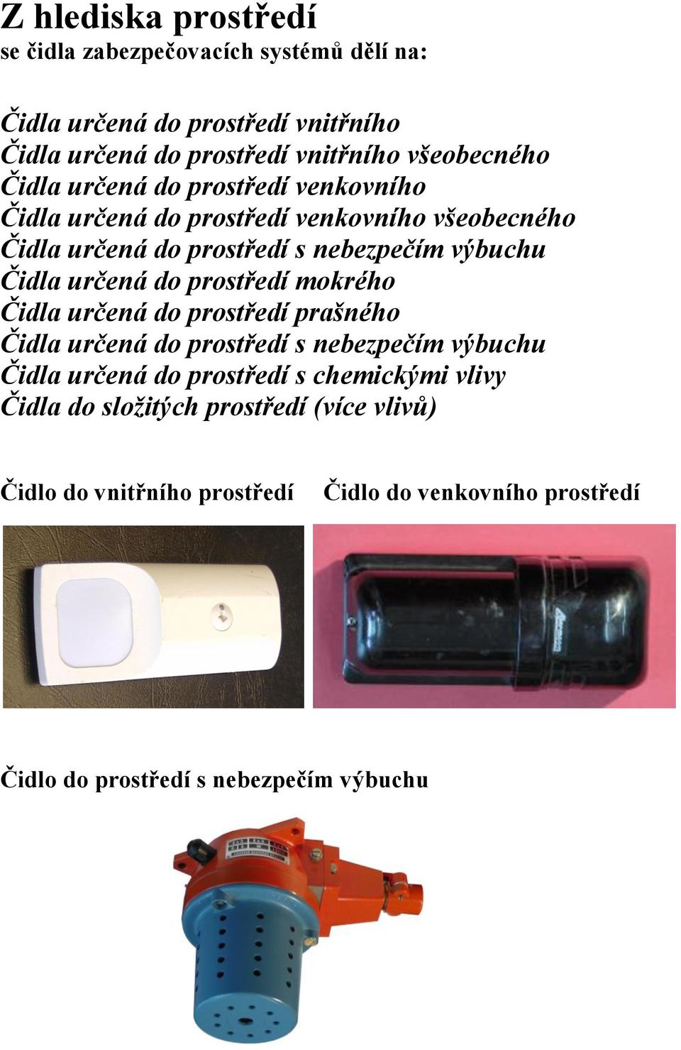 Čidla určená do prostředí mokrého Čidla určená do prostředí prašného Čidla určená do prostředí s nebezpečím výbuchu Čidla určená do prostředí s